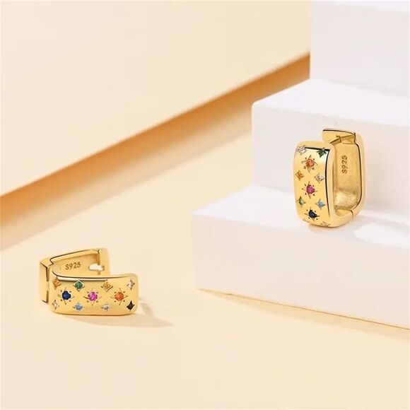 Gold-Plated Sterling Silver Huggie Hoop Earrings with Multicolored Gemstones - Picture 3 of 10